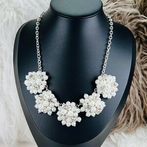 Vintage Silvertone clear bling, faux pearl cluster statement necklace